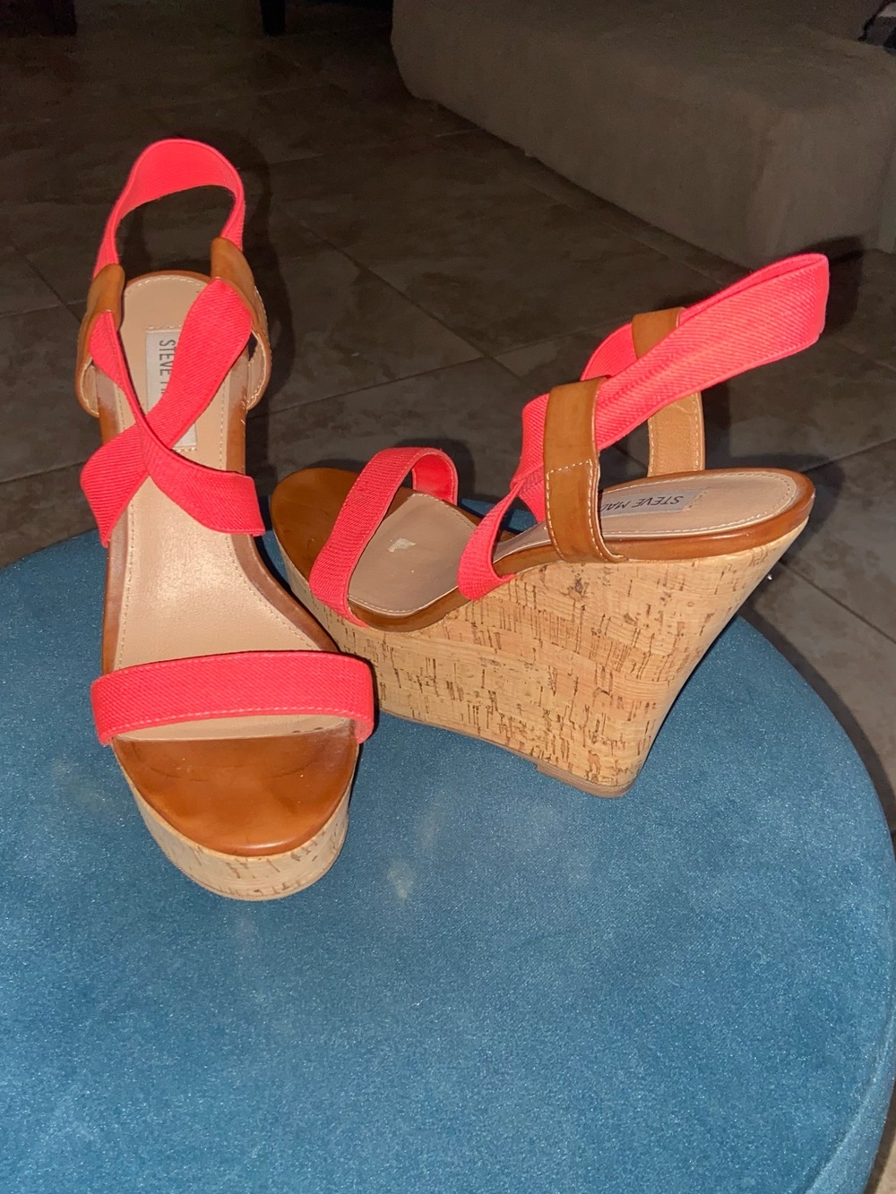 Steve Madden Coral Pink Elastic-Strap Cork Wedge Sandals